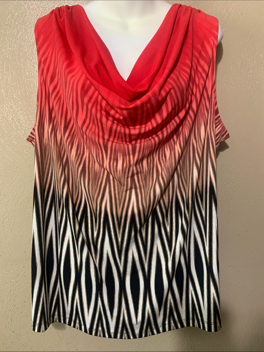 Calvin Klein 2X Red Ombre Cowl Neck Top Black & White Geometric Print NWT